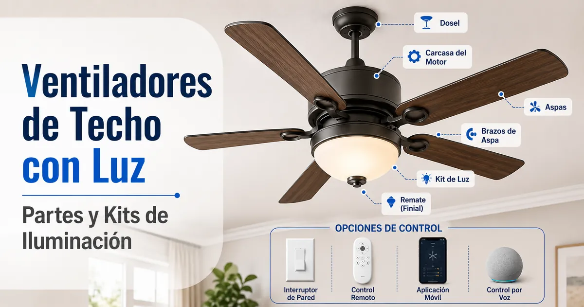 Ventilador de techo con luz con aspas, carcasa del motor, kit de iluminación y piezas de control