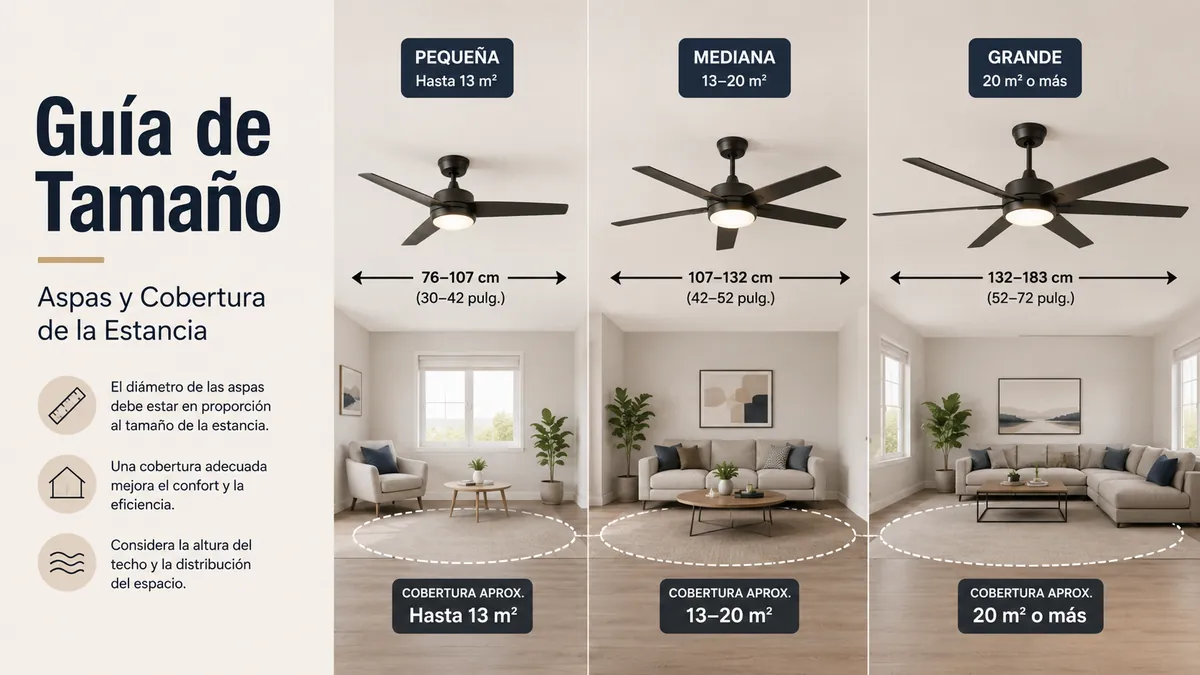 Ventiladores de techo con luz comparados por tamaño de aspas y cobertura de la estancia