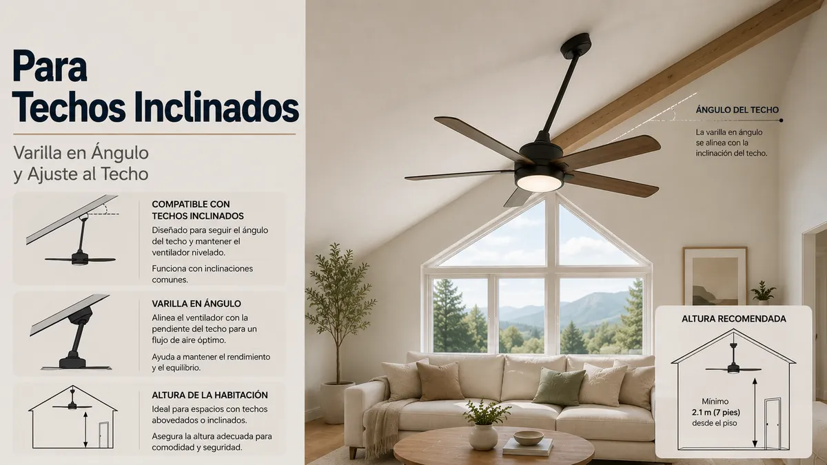 Ventilador de techo con luz montado en un techo inclinado o abovedado con una varilla en ángulo