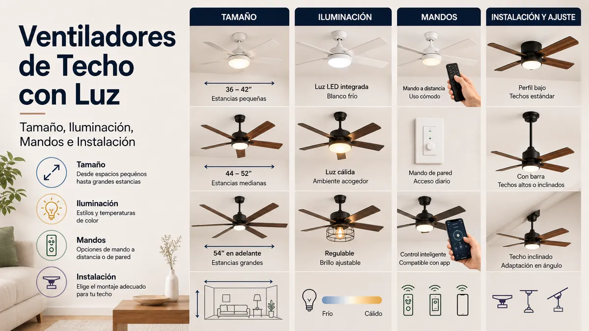 Ventiladores de techo con luz con distintos tamaños, tipos de iluminación, mandos y opciones de instalación