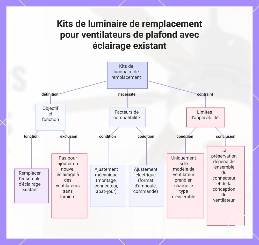 Kit lumineux de remplacement pour un ventilateur de plafond avec éclairage existant