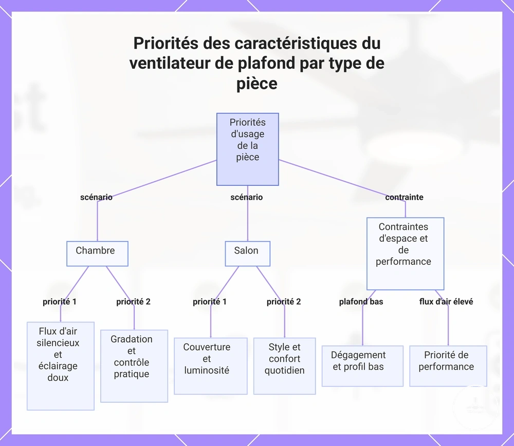 Priorités des caractéristiques du ventilateur de plafond par type de pièce