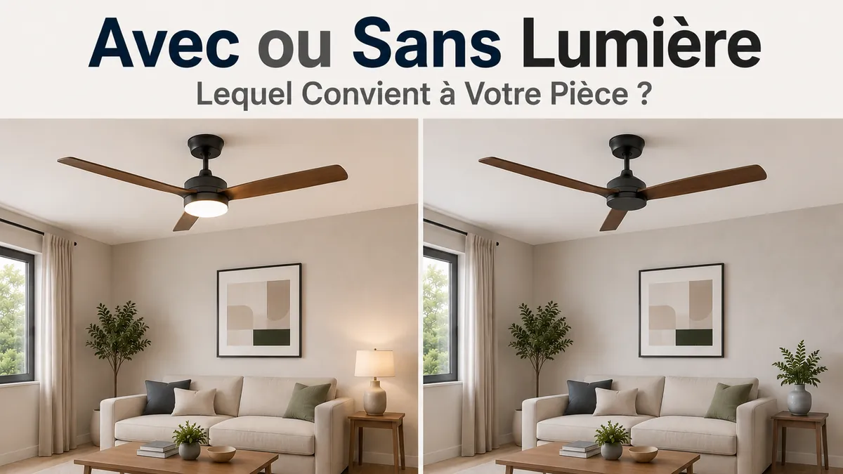 Comparaison côte à côte d’un ventilateur de plafond avec lumière et d’un ventilateur de plafond sans lumière dans des pièces similaires