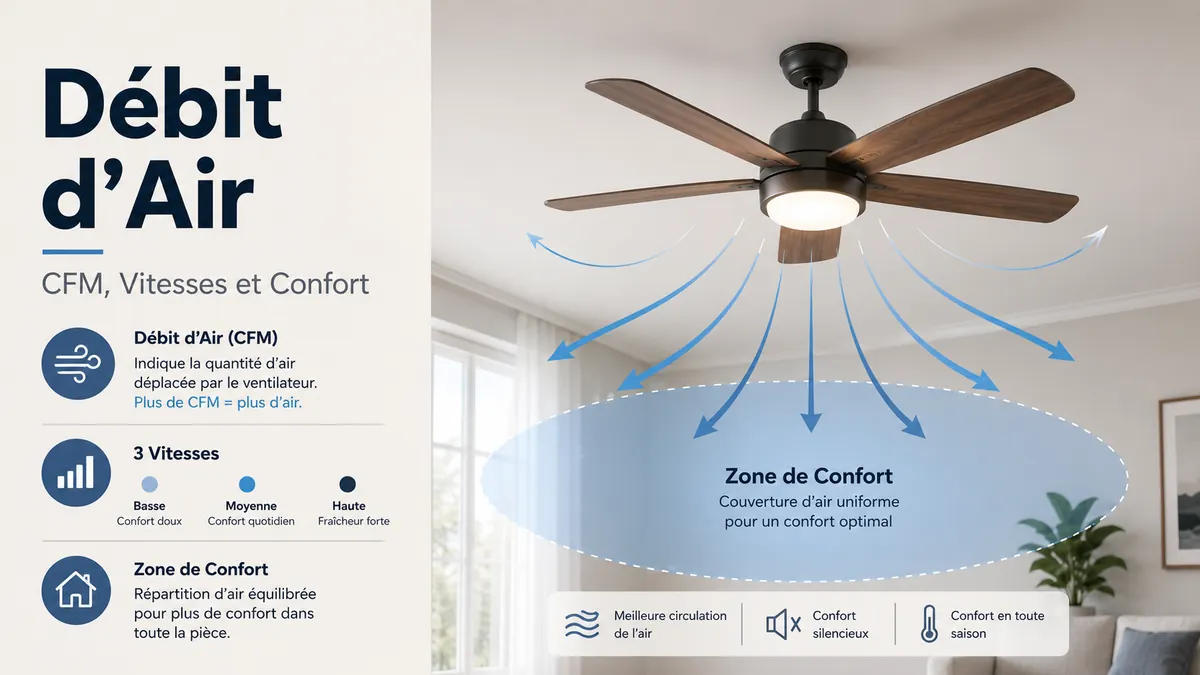 Ventilateur de plafond avec lumière montrant la direction du flux d’air des pales, les réglages de vitesse et le confort dans la pièce