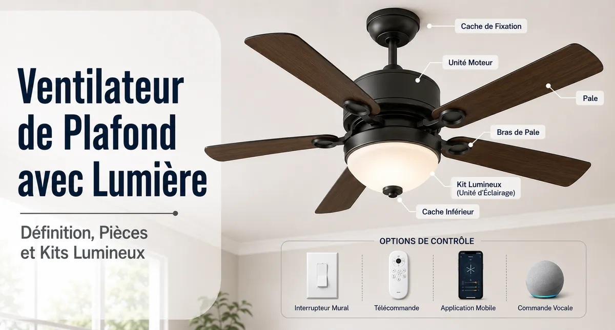 Ventilateur de plafond avec lumière montrant les pales, le bloc moteur, le kit lumineux et les éléments de commande