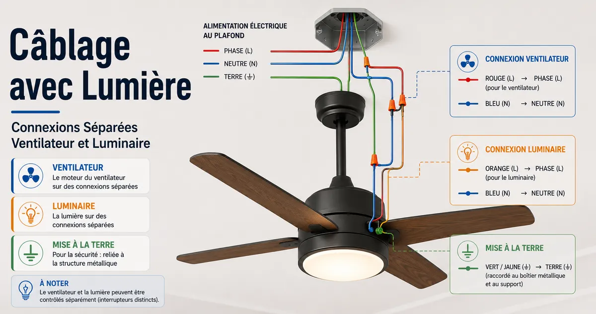 Schéma de câblage d’un ventilateur de plafond avec lumière montrant les connexions séparées du ventilateur et du luminaire