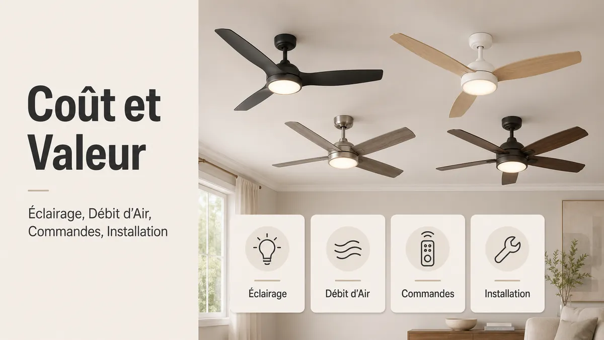 Ventilateurs de plafond avec lumière classés selon des facteurs de valeur comme l’éclairage, le débit d’air, les commandes et les besoins d’installation