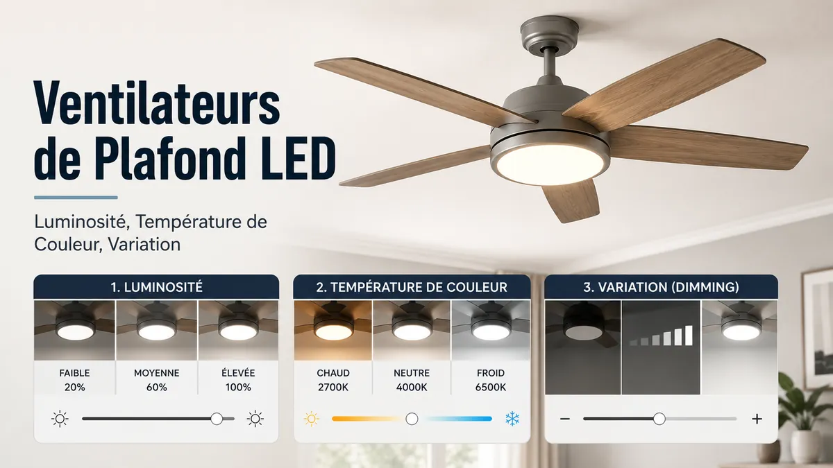 Ventilateur de plafond LED avec lumière montrant la luminosité, la température de couleur et les options de variation