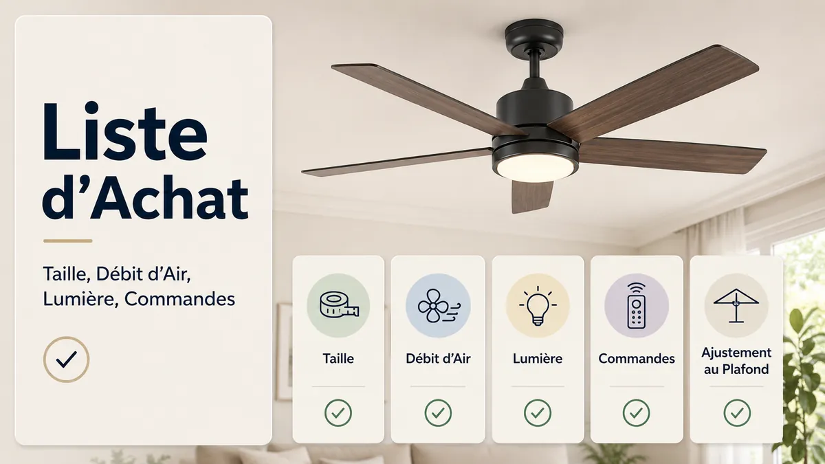 Liste d’achat pour ventilateurs de plafond avec lumière montrant la taille, le débit d’air, l’éclairage, les commandes et l’adaptation au plafond