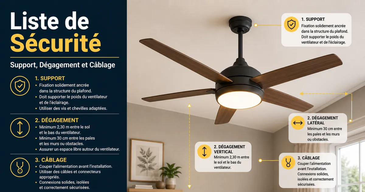 Liste de sécurité pour un ventilateur de plafond avec lumière montrant le support de plafond, le dégagement des pales et les points de câblage