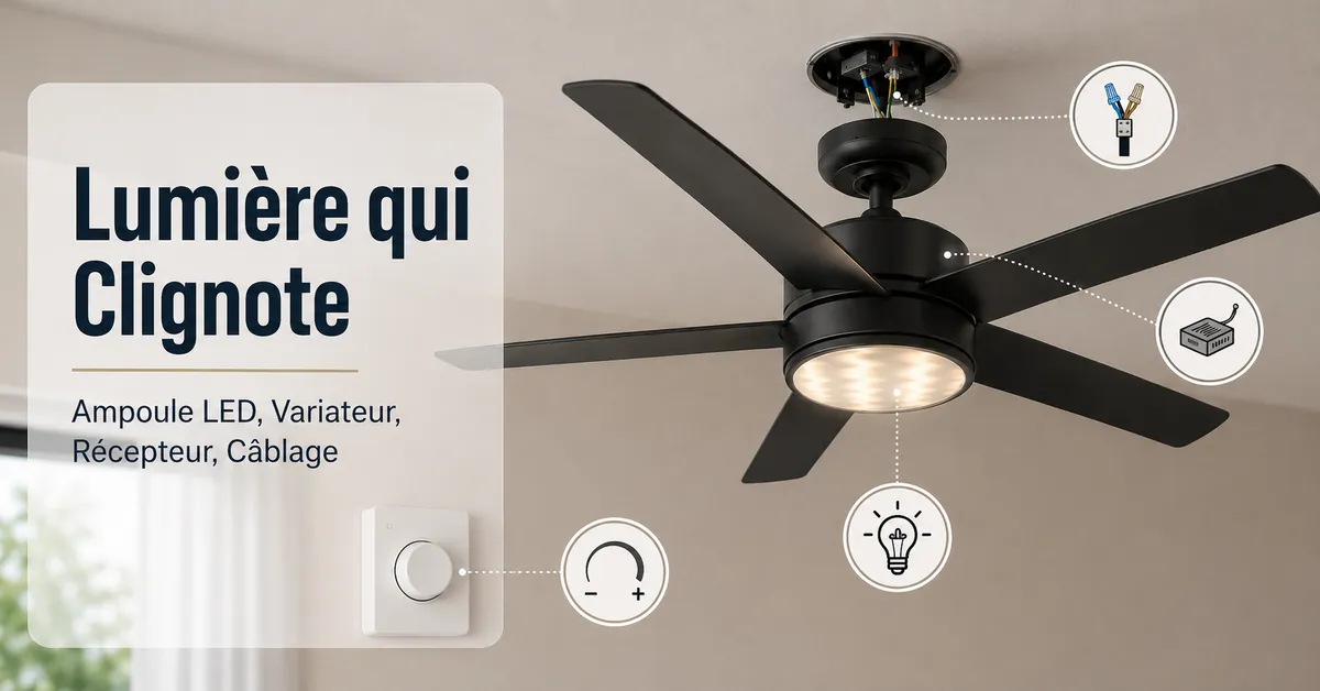 Lumière de ventilateur de plafond qui clignote avec vérification de l’ampoule LED, du variateur, du récepteur de télécommande et du câblage