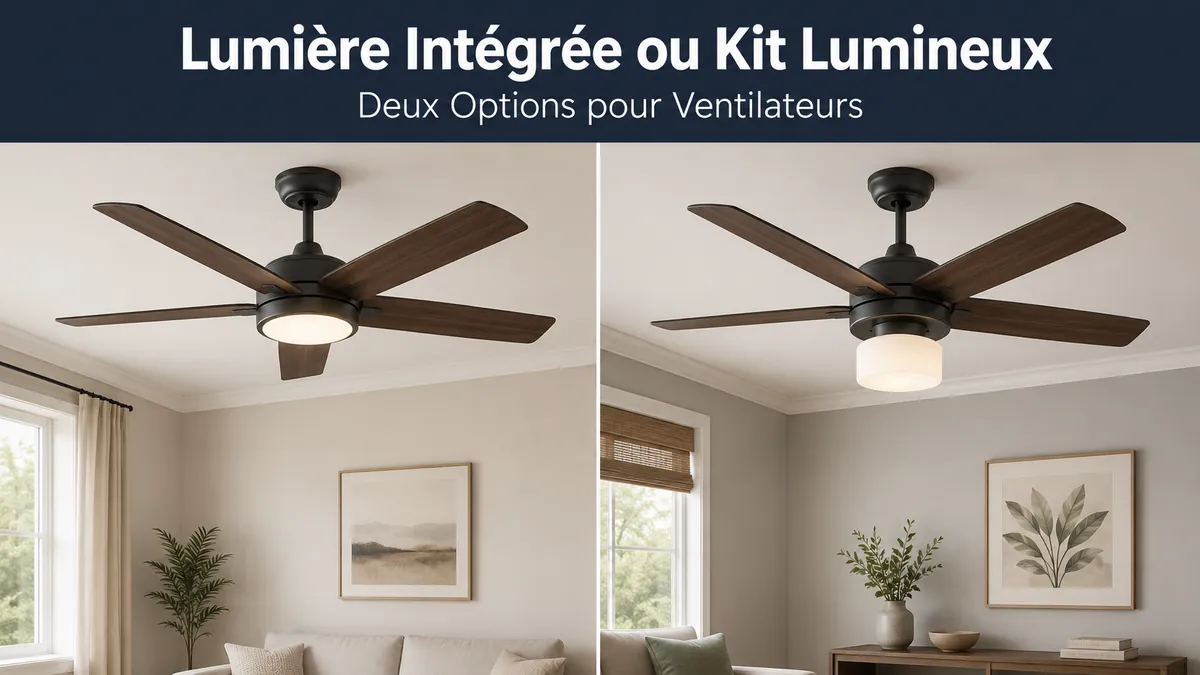 Comparaison entre un ventilateur de plafond avec lumière LED intégrée et un ventilateur de plafond avec kit lumineux séparé