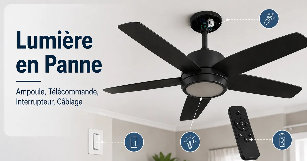 Ventilateur de plafond avec lumière qui ne fonctionne pas avec points de vérification sur l’ampoule, la télécommande, l’interrupteur mural et le câblage