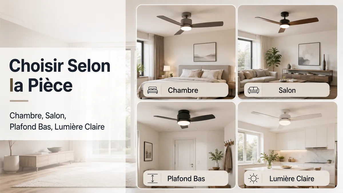 Ventilateurs de plafond avec lumière regroupés selon les besoins de chambre, salon, plafond bas et éclairage lumineux