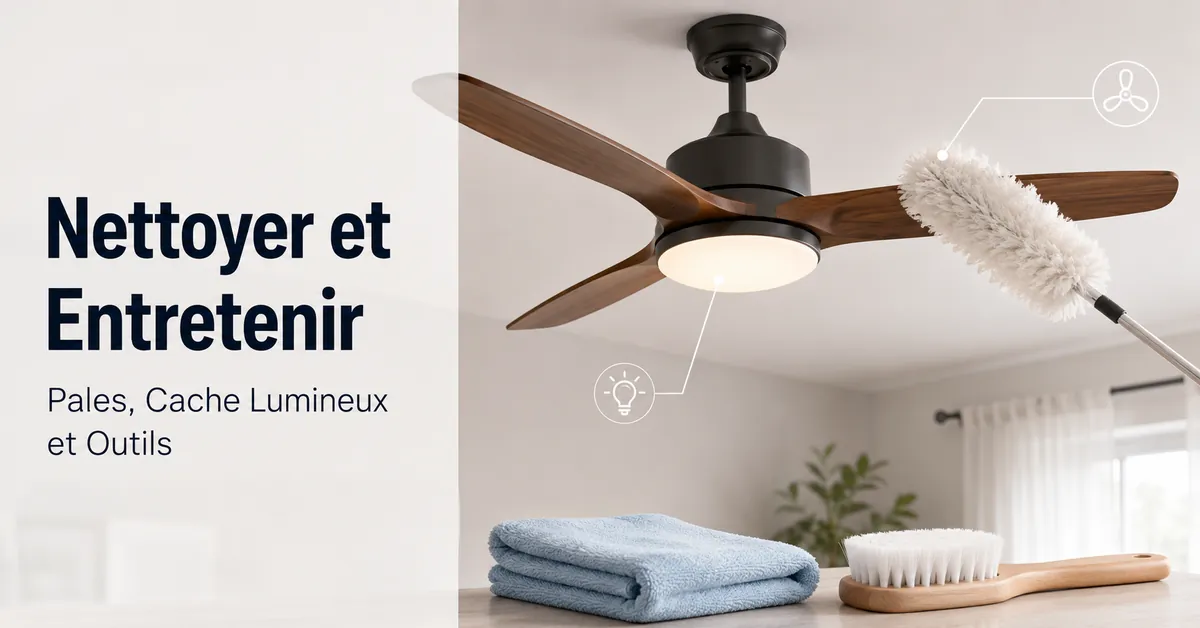 Nettoyage et entretien d’un ventilateur de plafond avec lumière avec plumeau et outils pour le cache lumineux