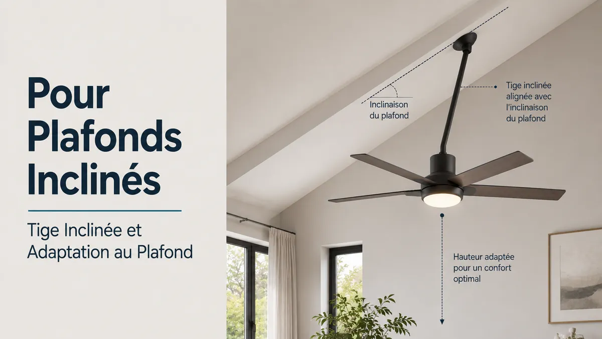 Ventilateur de plafond avec lumière monté sur un plafond incliné ou voûté avec une tige inclinée