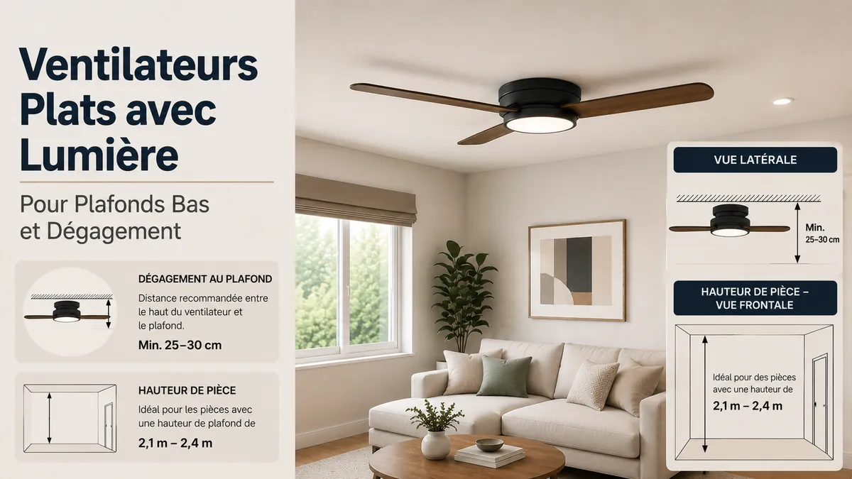 Ventilateur de plafond plat avec lumière installé près d’un plafond bas avec dégagement visible