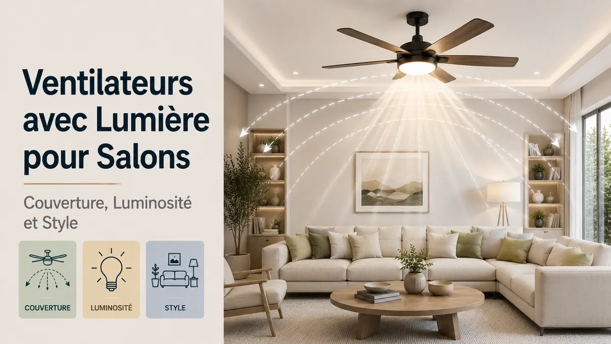 Ventilateur de plafond avec lumière pour salon montrant une large couverture de pièce, un éclairage lumineux et un style décoratif