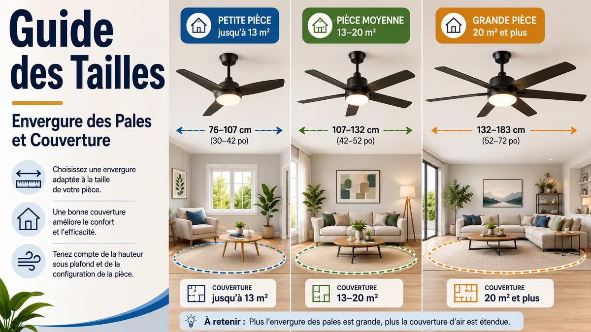 Ventilateurs de plafond avec lumière comparés selon l’envergure des pales et la couverture de la pièce