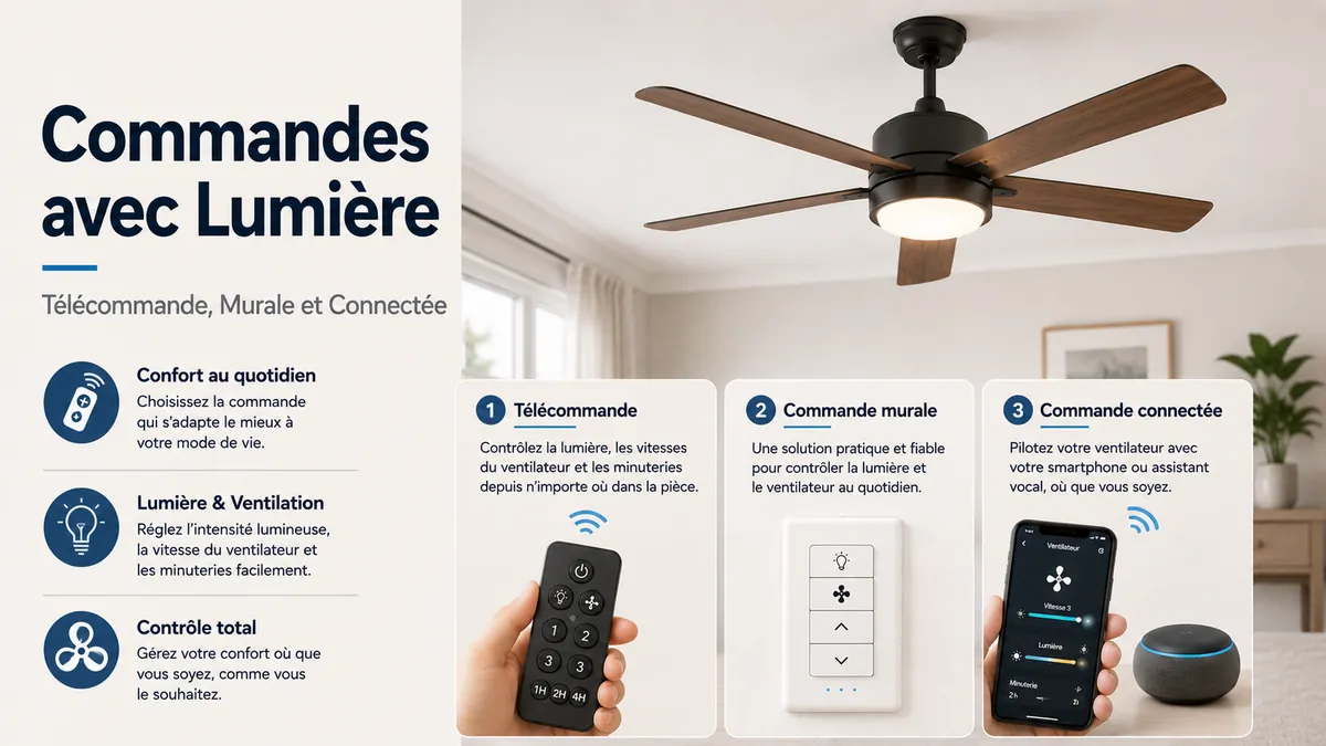 Ventilateur de plafond avec lumière présenté avec télécommande, commande murale et options de commande connectée