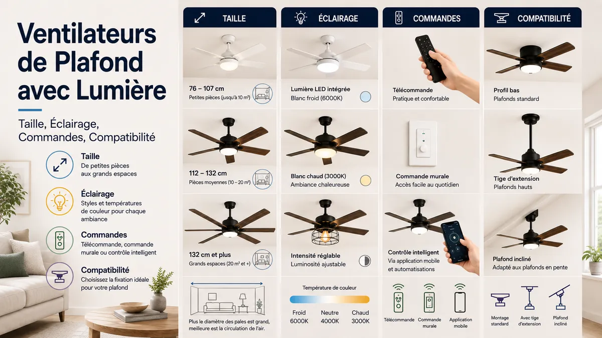 Ventilateurs de plafond avec lumière présentant différentes tailles, types d’éclairage, commandes et options d’adaptation au plafond