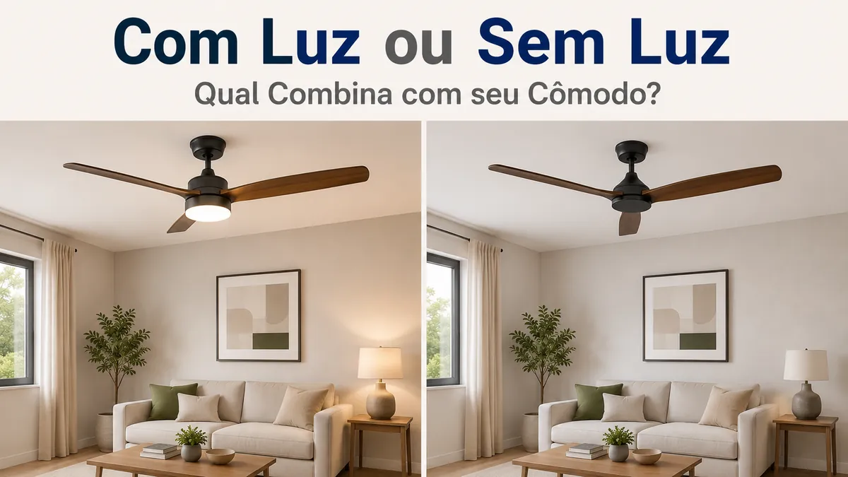 Comparação lado a lado de um ventilador de teto com luz e outro sem luz em cômodos semelhantes