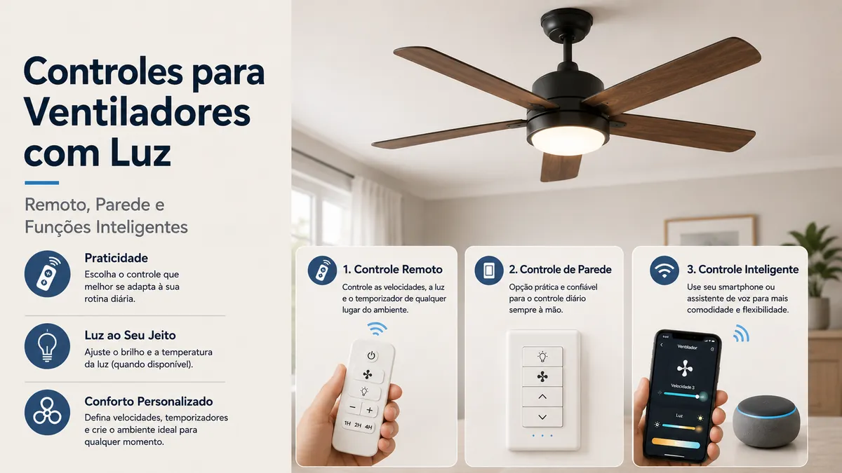 Ventilador de teto com luz exibido com controle remoto, controle de parede e opções inteligentes