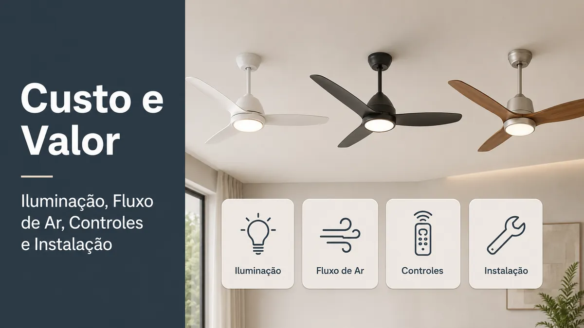 Ventiladores de teto com luz organizados por fatores de valor como iluminação, fluxo de ar, controles e instalação