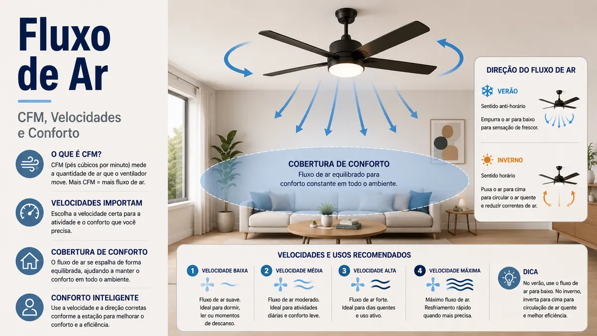 Ventilador de teto com luz mostrando direção do fluxo de ar, ajustes de velocidade e cobertura de conforto