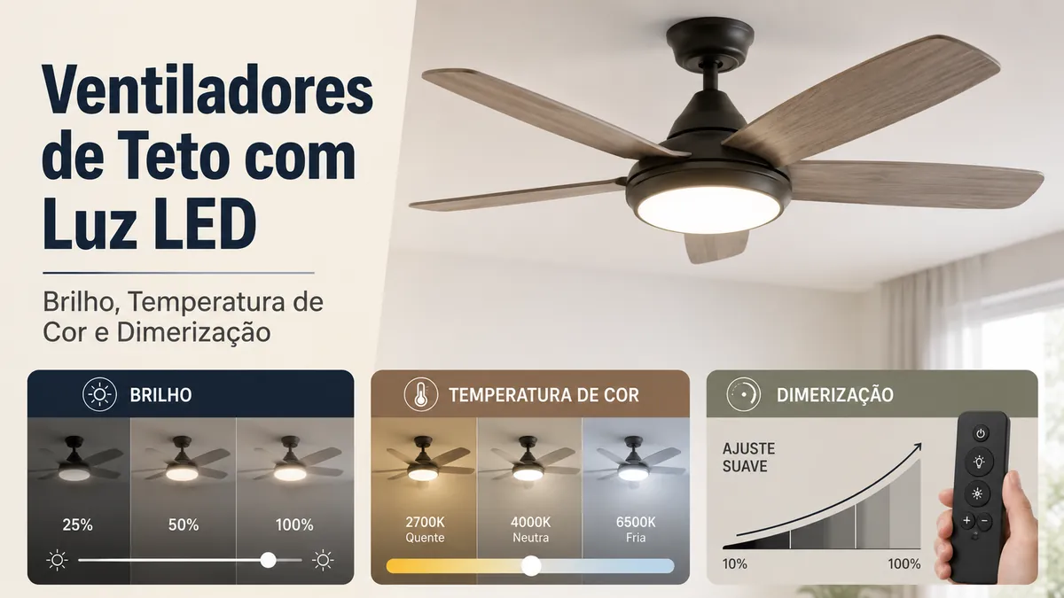 Ventilador de teto com luz LED mostrando brilho, temperatura de cor e opções de dimerização