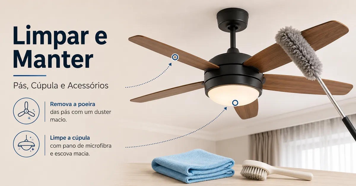 Limpeza e manutenção de um ventilador de teto com luz usando espanador e acessórios para a cúpula da luminária