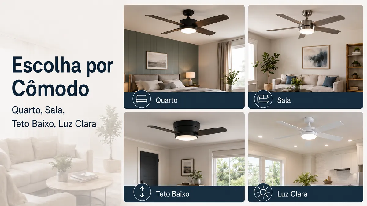 Ventiladores de teto com luz agrupados por necessidades de quarto, sala, teto baixo e iluminação clara