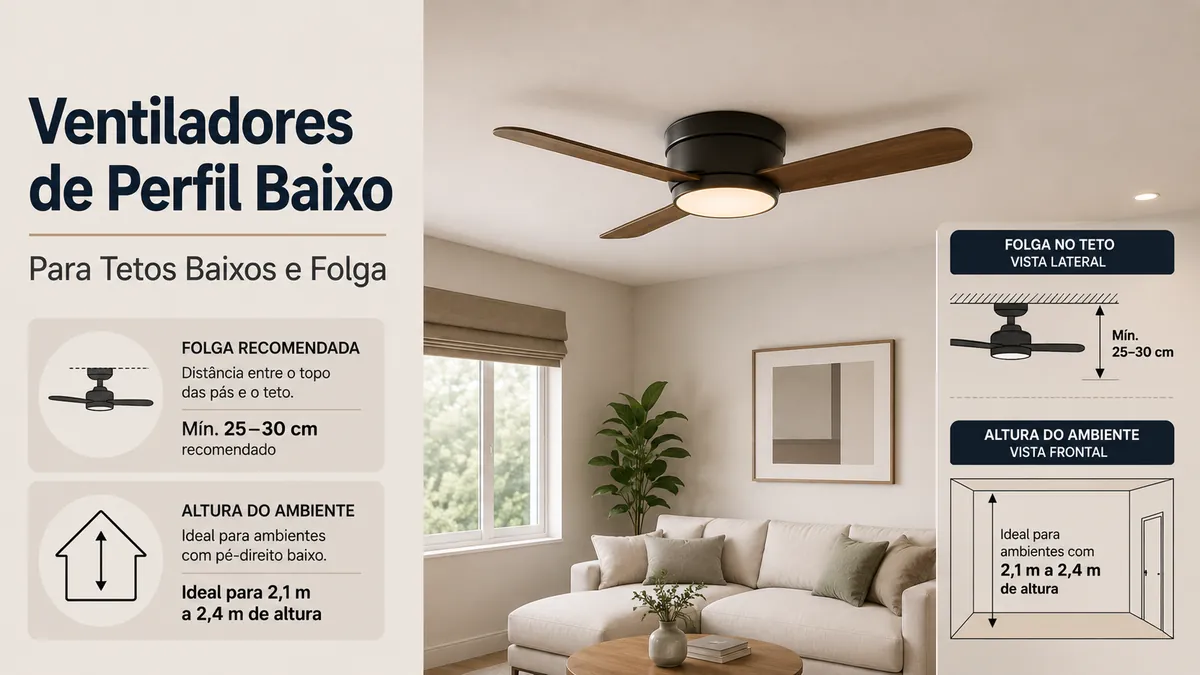 Ventilador de teto com luz de perfil baixo instalado perto de um teto baixo com folga visível