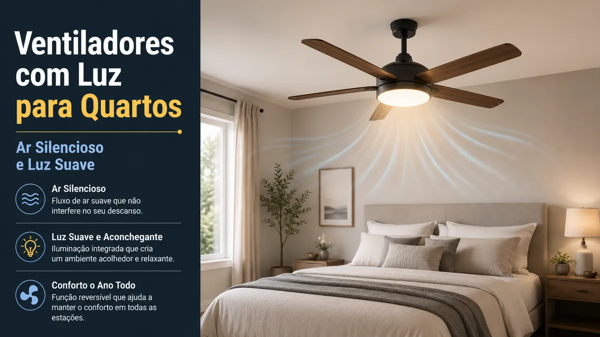Ventilador de teto com luz para quarto com fluxo de ar silencioso e luz suave sobre a cama
