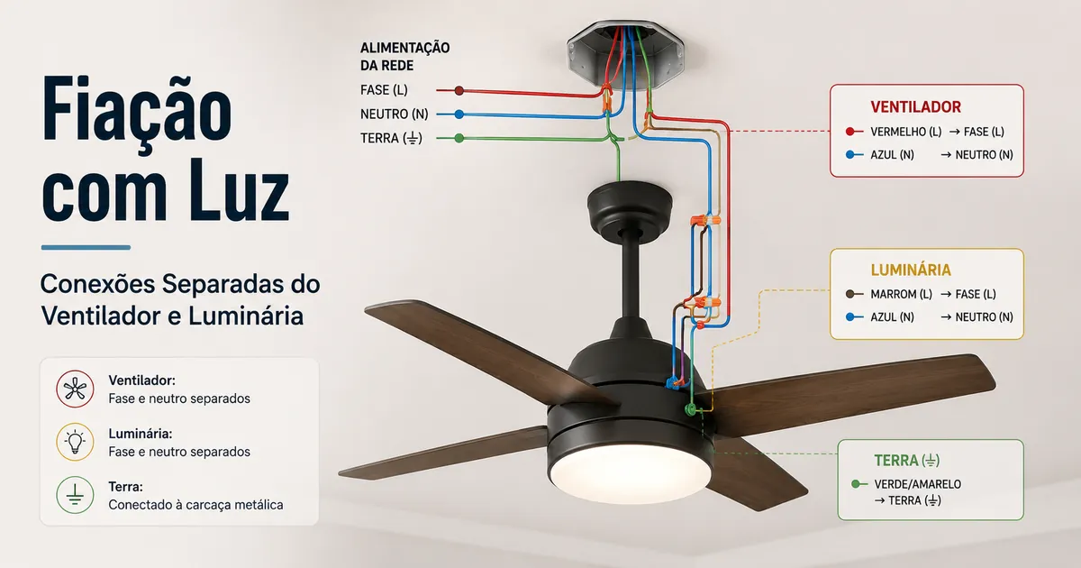Esquema de fiação de ventilador de teto com luz mostrando conexões separadas para ventilador e luminária