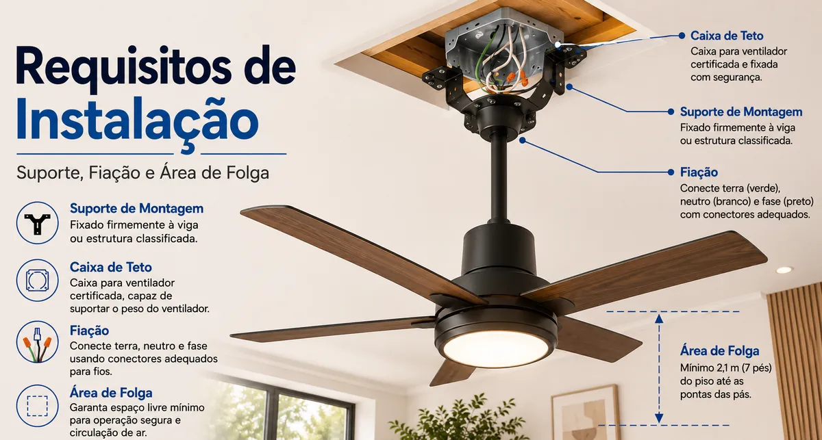 Instalação de ventilador de teto com luz mostrando suporte de montagem, caixa de teto, fiação e área de folga