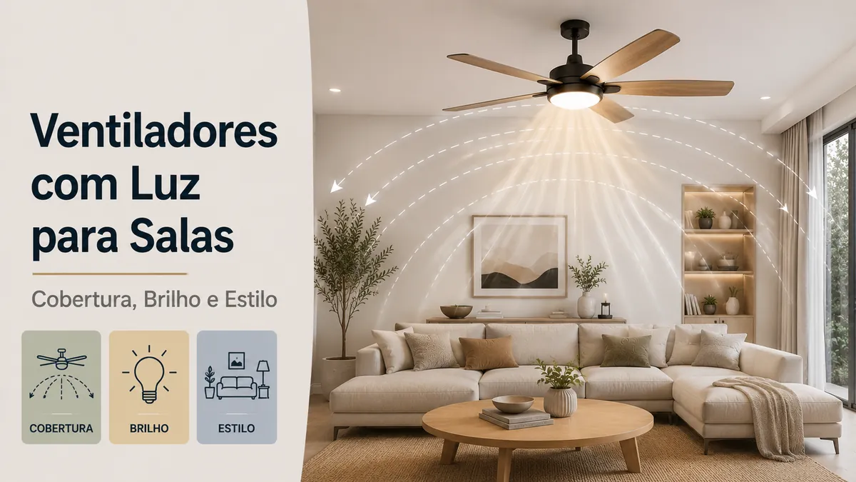 Ventilador de teto com luz para sala mostrando cobertura ampla, iluminação clara e estilo decorativo