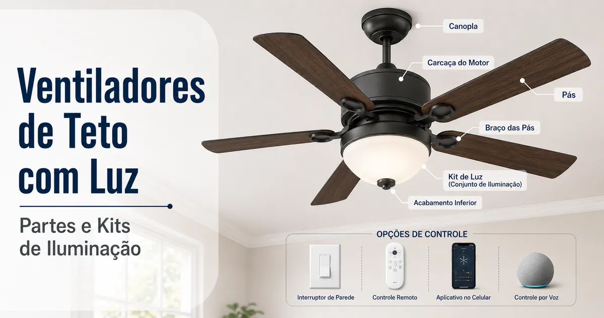 Ventilador de teto com luz mostrando pás, carcaça do motor, kit de iluminação e peças de controle