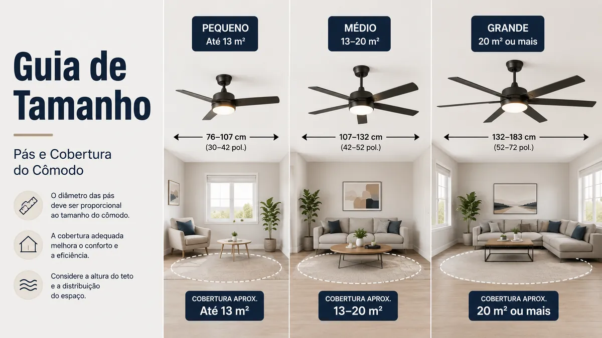 Ventiladores de teto com luz comparados por tamanho das pás e cobertura do cômodo