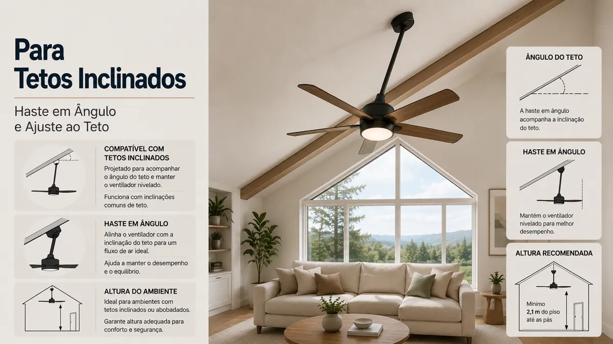 Ventilador de teto com luz montado em teto inclinado ou abobadado com haste em ângulo