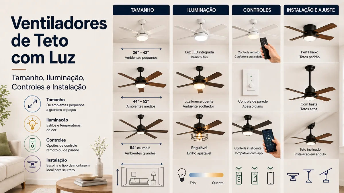 Ventiladores de teto com luz mostrando diferentes tamanhos, tipos de iluminação, controles e opções de instalação