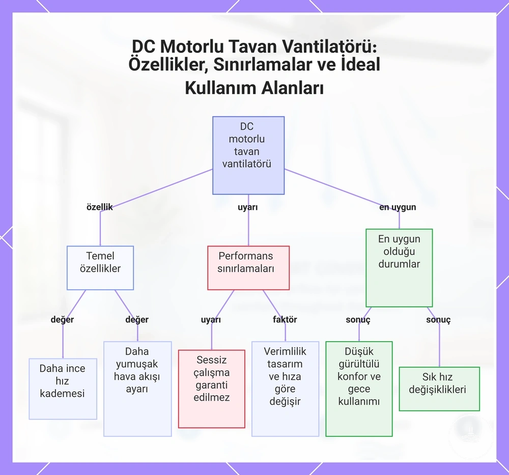 DC motorlu tavan vantilatöründe kontrol, sessiz çalışma ve uygun kullanım koşullarını gösteren grafik