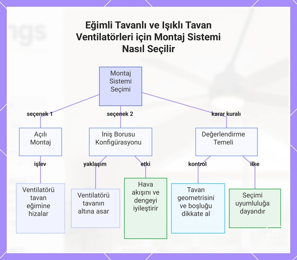 Eğimli tavanda ışıklı tavan vantilatörü için açılı adaptör ve uzatma çubuğu seçeneklerini karşılaştıran şema