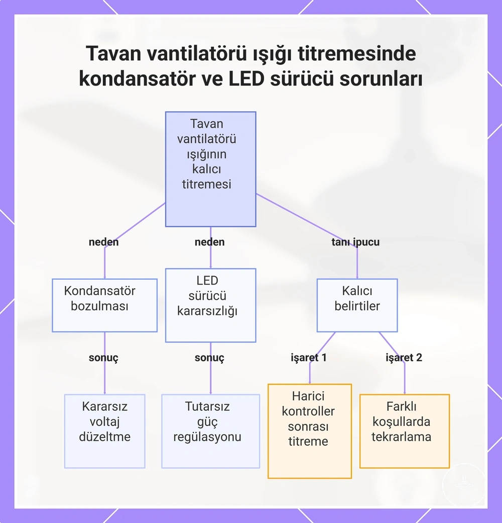 Tavan vantilatörü ışığı titremesinde kondansatör ve LED sürücü sorunları