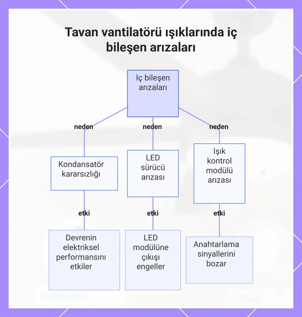 Tavan vantilatörü ışıklarında iç bileşen arızaları
