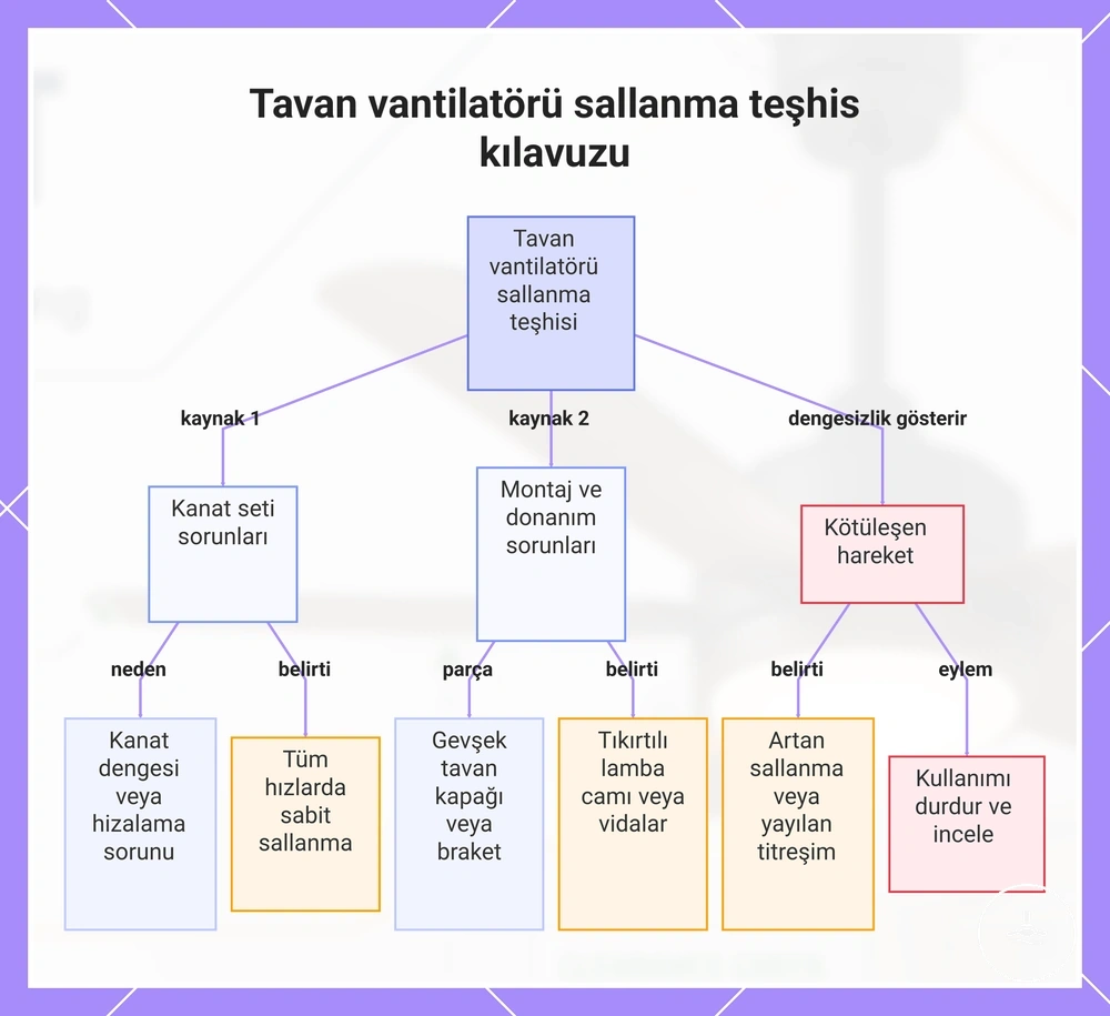 Tavan vantilatöründe kanat, gövde ve braket kaynaklı sallanma teşhis noktaları