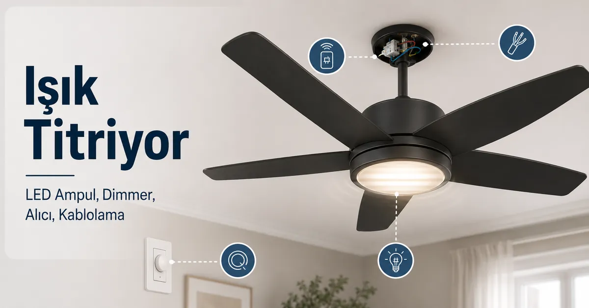 LED ampul, dimmer, kumanda alıcısı ve kablolama kontrolleriyle titreyen tavan vantilatörü ışığı
