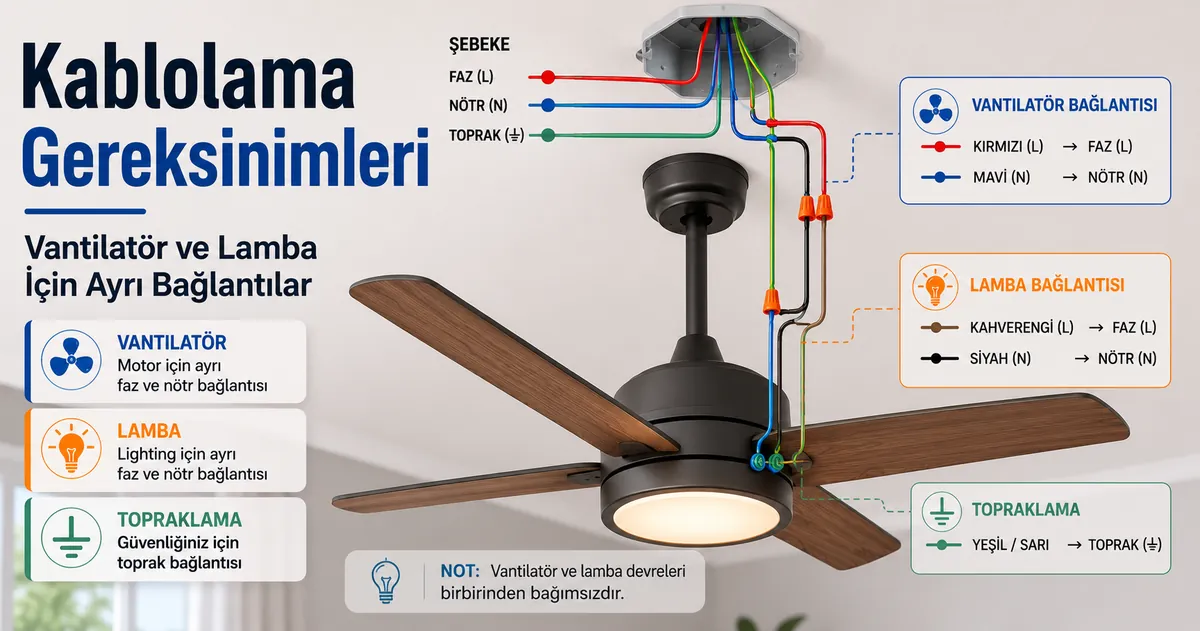 Vantilatör motoru ve ışık için ayrı kontrol yollarını gösteren ışıklı tavan vantilatörü kablolama şeması