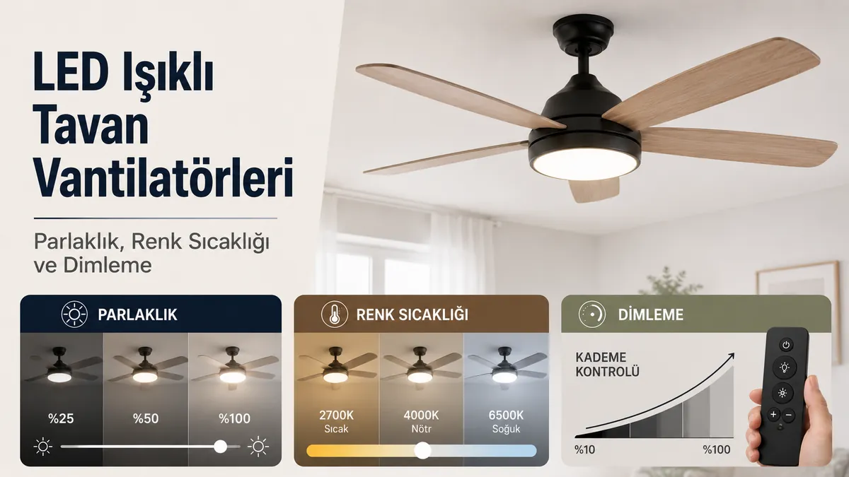 Parlaklık, renk sıcaklığı ve dimleme kontrol seçenekleri görünen LED ışıklı tavan vantilatörü