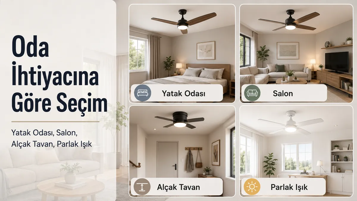 Yatak odası, salon, alçak tavan ve parlak aydınlatma ihtiyaçlarına göre gruplandırılmış ışıklı tavan vantilatörleri